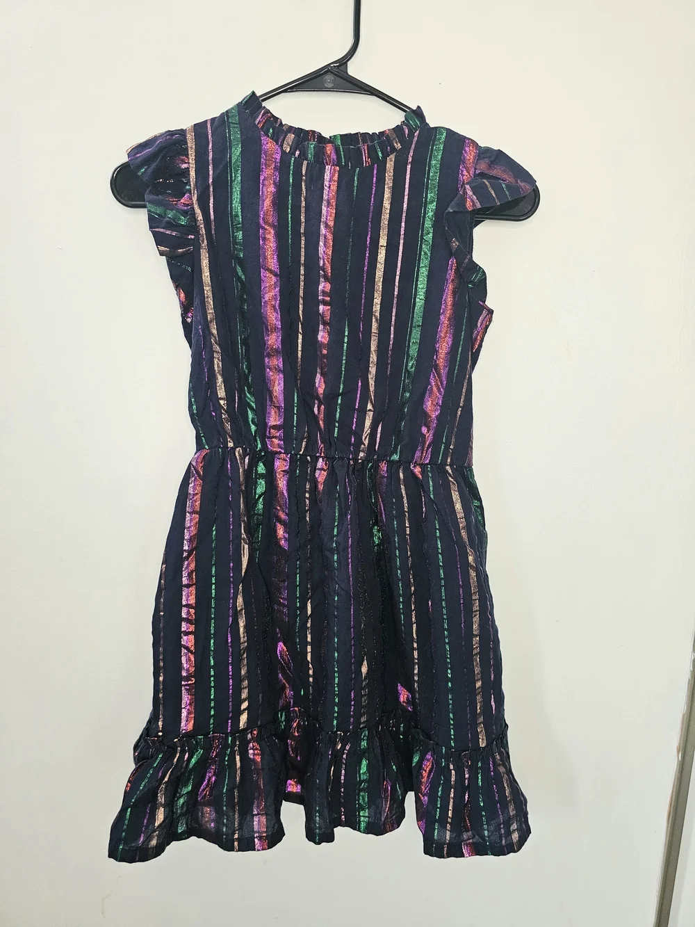 Gap Kids Metallic Stripe Ruffle Dress Girls Large 10 Black Purple Green